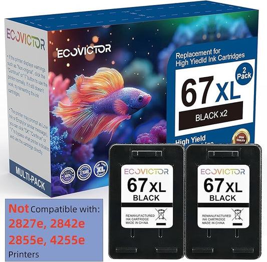 EcoVictor 67XL Black Ink Cartridge Replacement for HP 67 XL (2-Pack) Compatible to HP DeskJet 2755e 2700 2700e 4155e 2752 2755 4100 4100e 2320 Envy 6055e 6000 6000e 6455e 6400 6400e 6458 6052 Printer-DeskLoop Office