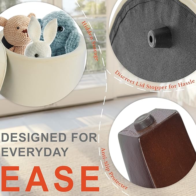 Homepop Home Decor | Upholstered Round Velvet Tufted Foot Rest Ottoman | Ottoman with Storage for Living Room & Bedroom | Decorative Home Furniture, Cream-DeskLoop Office