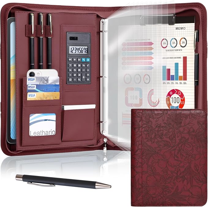 Leathario Portfolio Binder, Includes 5 Sheet Protectors and a Pen, 13 Inch by Leathario