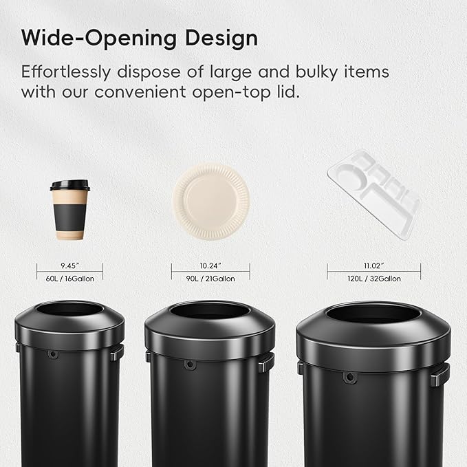 EKO Urban 32 Gallon Round Black Stainless Steel Open Top Waste Bin, Tall Commercial Trash Can for Indoor/Outdoor, Extra Large Metal Garbage Bin for Office, Restaurant, Restroom,120L-DeskLoop Office