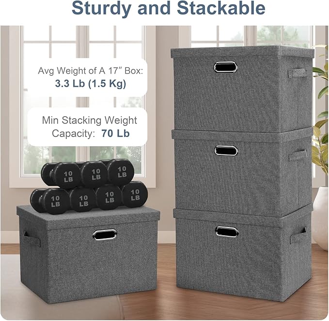 Large 17" 36 Quart Collapsible Stackable Storage Bins with Lids, 5 Packs Gray Foldable Fabric Closet Storage Boxes with Lids, Heavy-duty Linen Cube Baskets(17 x 12 x 11)-DeskLoop Office
