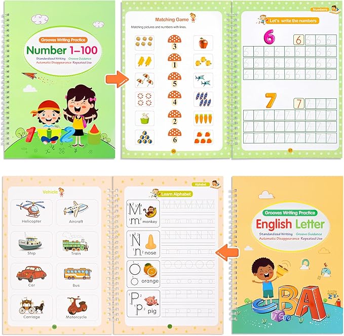 Large Size Grooved Writing Books for Kids Age 3-5 6-8, 8 Pack Magic Grooved Writing Practice Copybooks, Handwriting Prastice with Cute Fade-Resistant Pens, Workbooks Number Letter Tracing for Kids-DeskLoop Office