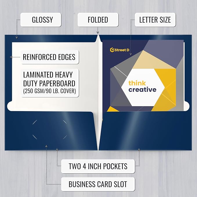 Better Office Products 2 Pocket Glossy Laminated Navy Blue Paper Folders - Image 2