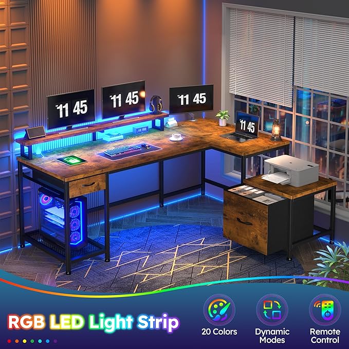 L Shaped Computer Desk with Drawers, Gaming Desk with LED Lights & Monitor Shelf, Office Desks with Power Outlets, Corner Desks for Home Office, Study Room and Bedroom, Rustic Brown-DeskLoop Office