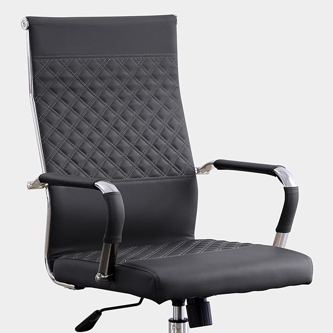 Livinia Modern Executive Office Chair with Patterned Back Design, Chrome & Leather Swivel Chair with High Back, Adjustable Height, Removable Armrests, and Wheels for Home Office (Black(Chrome))-DeskLoop Office