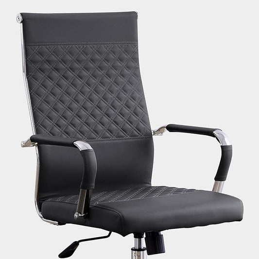 Livinia Modern Executive Office Chair with Patterned Back Design, Chrome & Leather Swivel Chair with High Back, Adjustable Height, Removable Armrests, and Wheels for Home Office (Black(Chrome))-DeskLoop Office