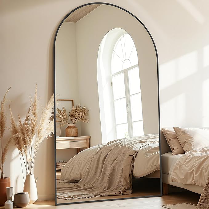 Full-Length Floor Mirror with Stand, 81"x41" Arched Style Full Body Standing Mirror for Bedroom, Living Room, Gym, Dorm - Shatter-Resistant & Easy Assembly, Black-DeskLoop Office
