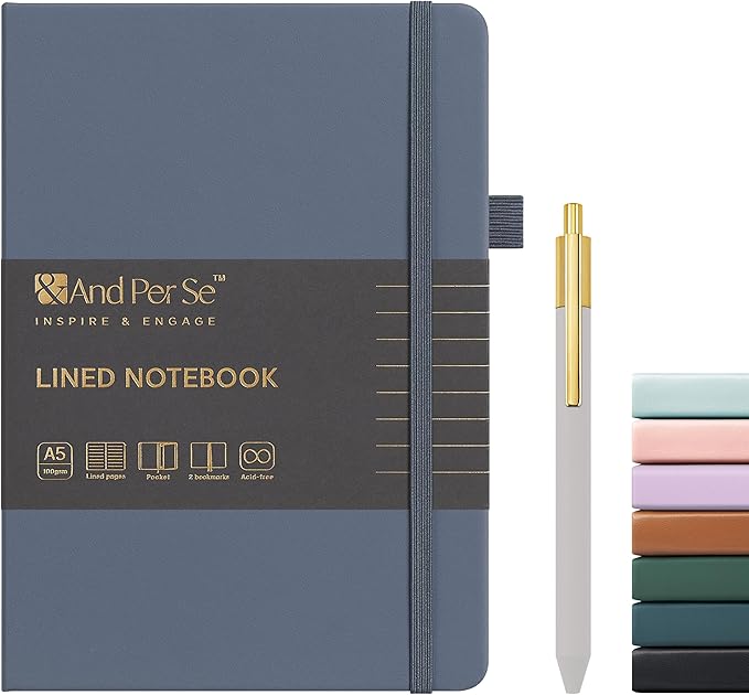 A5 Lined Leather Journal and Pen Set, Hardcover Notebook with Pen, 160 Pages 100gsm Thick Ruled Paper for for Women Men Work Business School or Home Writing, 5.7'' x 8'' (Dark Blue)-DeskLoop Office