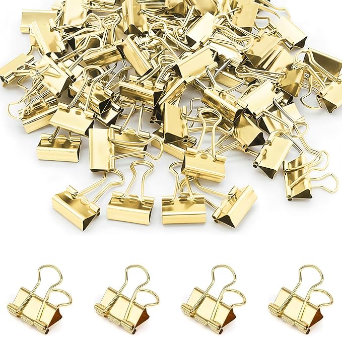 50 Pack Small Gold Binder Clips 3/4 Inch, Colored Little Paper Clamps, Tiny by Qikaara