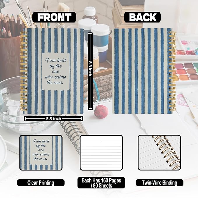 XPH Coastal Christian Spiral Notebook, Bible Verse Journaling Notebooks for Prayer, Blue Striped Religious Hardcover Journal for Writing 160 Pages 5.5 x 8.3 Inch, Christian Gifts for Women Men-DeskLoop Office