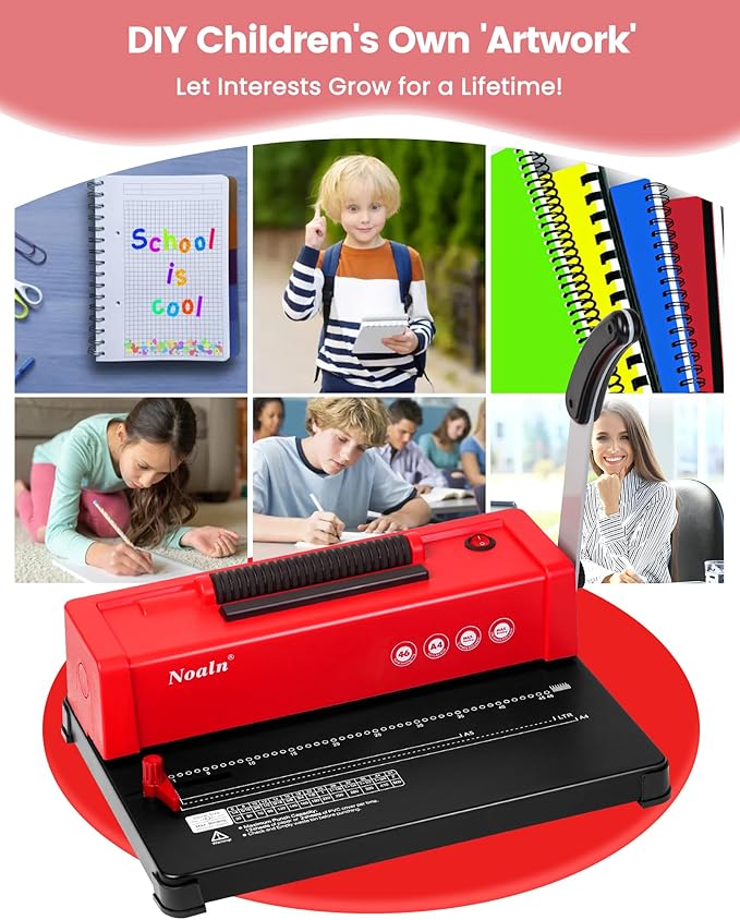 46-Hole Binding Machine Spiral Coil Binder Classic Red,DIY Book Binder Kits with Electric Coil Inserter,100pcs Comb Binding Spines,for Letter Size/A4/A5 School Office Home-DeskLoop Office