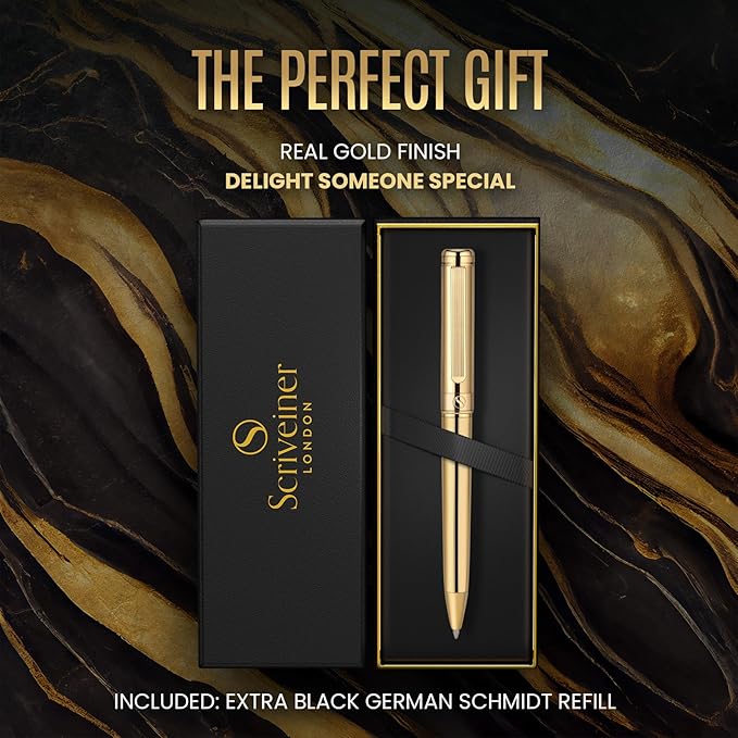 Scriveiner Gold Ballpoint Pen - Stunning Luxury Pen, Real Gold Plating, Schmidt Black Refill, Best Ball Pen Gift Set for Men & Women, Professional Executive Office, Nice Fancy Designer Pens-DeskLoop Office
