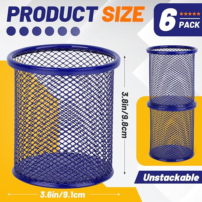 Segarty Pen Cup, 6 Pack Round Cute Dark Blue Pen Holder for Desk, Wire Mesh Pencil Holder Container Set, Desktop Organizer for Office Supplies, Maker, School, Home Storage, Makeup Brush-DeskLoop Office