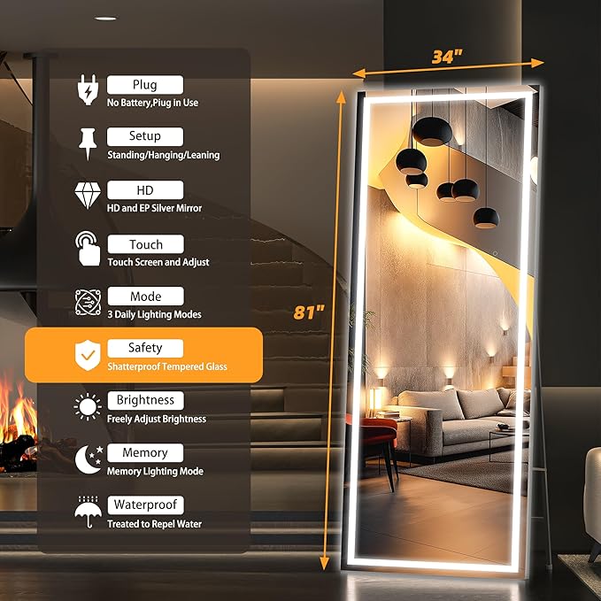 Hasipu Full Length Mirror with Lights, 81" x 34" LED Lighted Floor Standing Mirror, Full Body Dressing Hanging Mounted Mirrors, Dimmable, Tempered Glass, Safe to Use, Square Black-DeskLoop Office