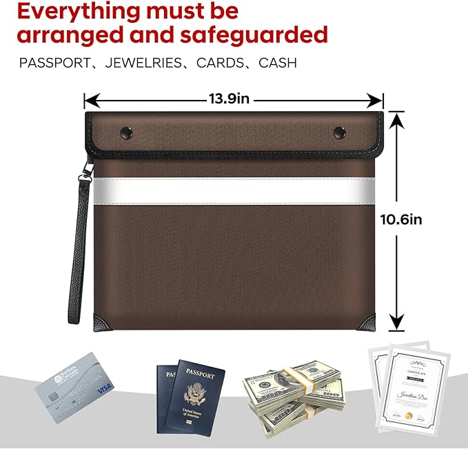 Fireproof Document Bag,5200℉ Insulated Fire Proof Money Bag for Cash,Waterproof Document Pouch with Water Resistant Zipper,8 Layers of Heat Insulated Materials,13.9x10.6 Inch(Brown)-DeskLoop Office