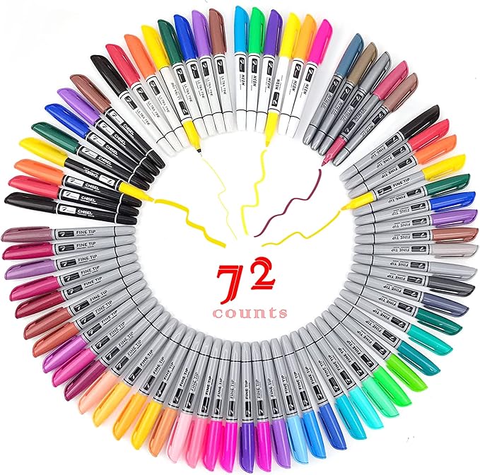 Permanent Markers 72 Assorted Colors - Waterproof Colored Pens Set 45 Fine Tip, 8 Ultra Fine, 8 Chisel Tip, 6 Neon, 5 Metallic Markers Home Office School Supplies for Kids, Adults Coloring-DeskLoop Office