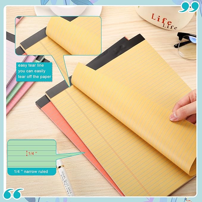 Fuutreo 8 Pcs 8.5'' x 11'' Colored Legal Pad Writing Pads Narrow Ruled 50 Sheets Per Notepad Perforated Writing Notepad Office Supplies for College Office Business (Candy Color)-DeskLoop Office