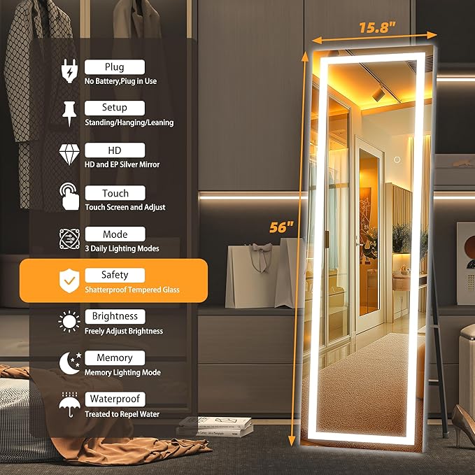 Hasipu Full Length Mirror with Lights, 56" x 15.8" LED Floor Mirror, Full Body Dressing Standing, Hanging Mounted Mirror for Living Room Bedroom Cloakroom, Square Black-DeskLoop Office
