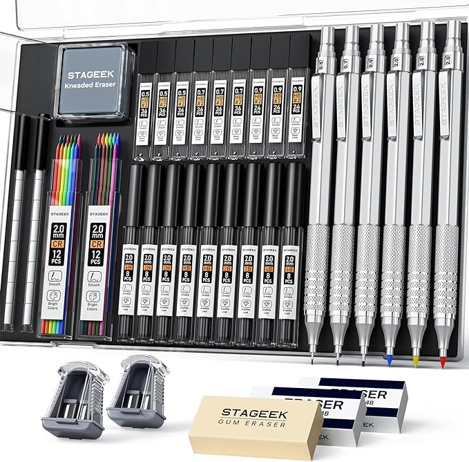 35Pcs Art Mechanical Pencil Set with Case, 0.5 0.7 0.9 2.0 Graphite Metal Drawing Drafting Pencils, Sharpener Erasers 384PCS Lead Refills (6B 4B 2B HB 2H 4H Colors)Pencils for Writing Sketching,Silver