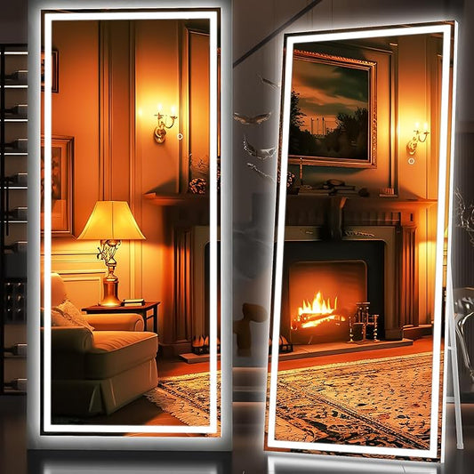 Hasipu Full Length Mirror with Lights, 75" x 28" LED Lighted Floor Standing, Full Body Dressing Hanging Mounted Mirror, Dimmable, Tempered Glass, Safe to Use, Square White-DeskLoop Office