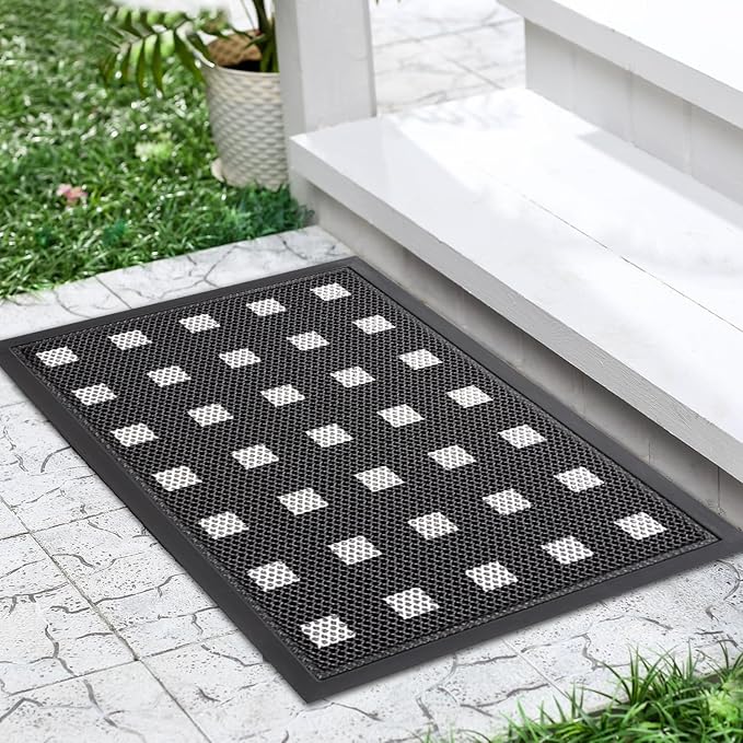 Front Door Mat Indoor Entrance 29.5"x17" for Apartments/Small Spaces, Heavy Duty Rubber Entryway Mats Backing Inside/Outside Dirt Trapping, All Weather Outdoor Rug Black and White-DeskLoop Office