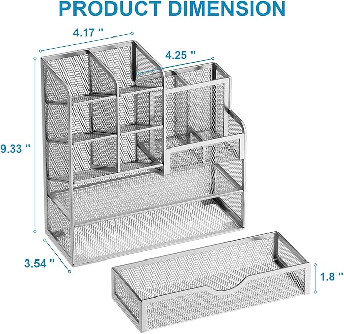 Marbrasse Mesh Pen Holder for Desk, Pen Organizer with Drawer, Multi-Functional Pencil Organizer, Desk Organizers and Accessories for Office Art Supplies (Silver)-DeskLoop Office