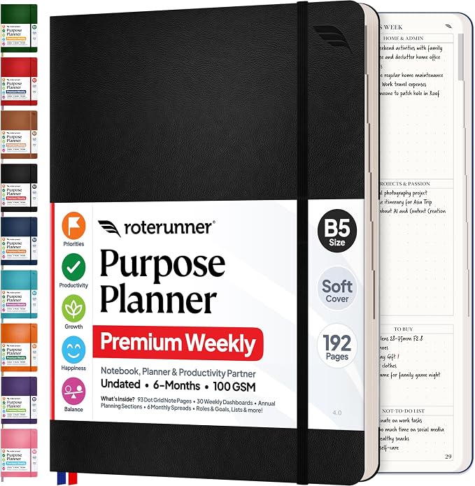 Roterunner Purpose Planner Notebook B5 7.5”x9.8” Undated 2026 Daily Weekly and by Roterunner