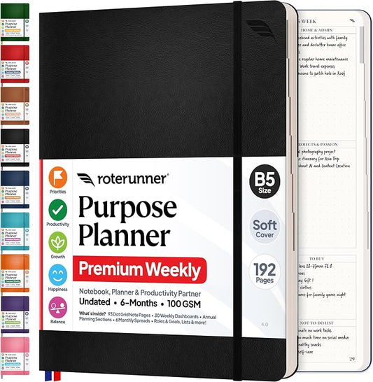 Roterunner Purpose Planner Notebook B5 7.5”x9.8” Undated 2026 Daily Weekly and by Roterunner