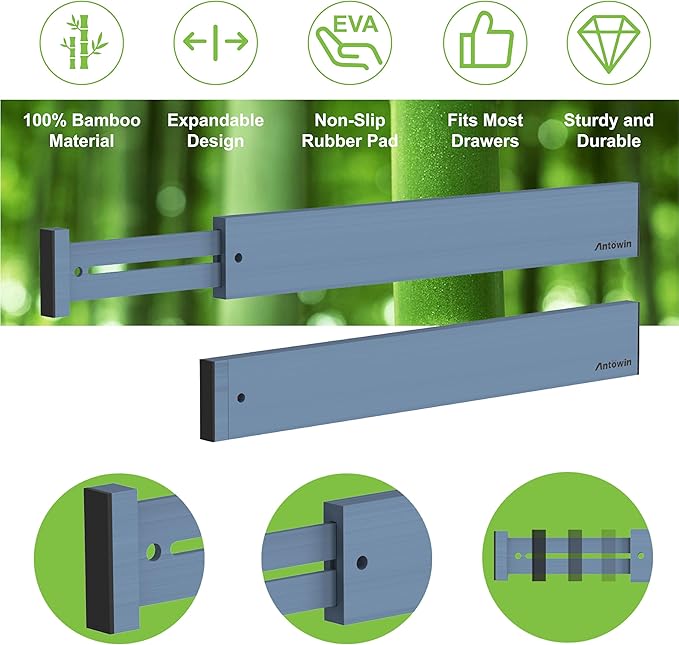 ANTOWIN Bamboo Drawer Dividers, Expandable Drawer Separators Splitter,17-22 inches Long Adjustable Spring-loaded Organizer for Large Utensil, Clothes, Tools Drawers (Blue)-DeskLoop Office