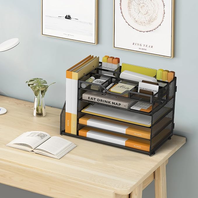 5 Tier Paper Letter Tray with File Holder and 3 Drop-in Pen Holders, Mesh Desk - Image 6