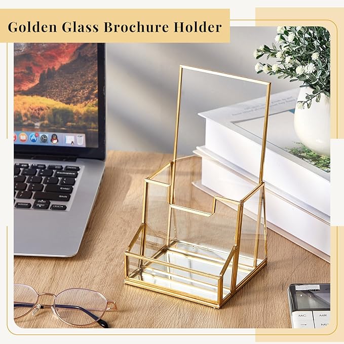 2 Pcs 4 Inches Gold Glass Brochure Holder Countertop Literature Trifold Pamphlet Stand with Business Name Card Holder Flyer Brochure Display for Magazine, Booklets, Menu, Journals Display-DeskLoop Office