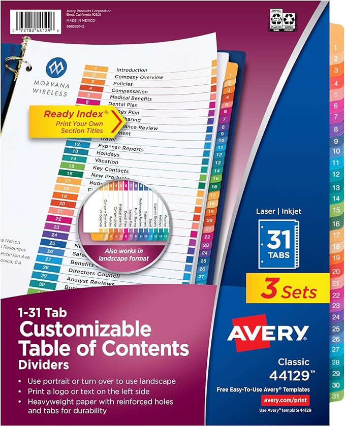 Avery 1-31 Dividers for 3 Ring Binders, 31 Tabs per Set, Customizable Table of by Avery