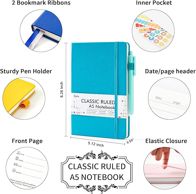 feela Notebooks Journals Bulk, Hardcover Notebook Classic Ruled Journal Set with Pen Holder for School Business Work Travel Writing, with 12 Black Pens, 120 GSM, 5.1”x8.3”, 12 Pack, A5, Solid Colors-DeskLoop Office