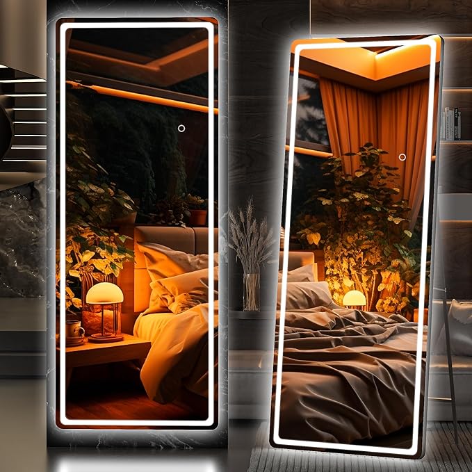 Hasipu Full Length Mirror with Lights, 61" x 22" LED Floor Mirror, Full Body Dressing Standing, Hanging Mounted Mirror for Living Room Bedroom Cloakroom, Round Black-DeskLoop Office