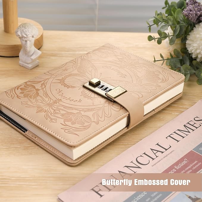 TIEFOSSI Diary with Lock for Women Girls, Lined Locked Journal, Butterfly Journal Notebook with Pen and Bookmark, A5 Refillable Locking Journals for Writing, 224 Numbered Pages-DeskLoop Office