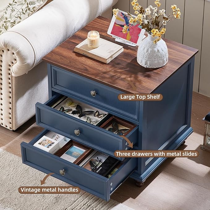 24" Wide Farmhouse Night Stand Set of 2,Large End Table with 3 Drawers & Metal Handle,Blue Wood Dresser for Bedroom Cabinet, Bed Side Table Chest of Drawers,Nightstand for Living Room,Closet-DeskLoop Office