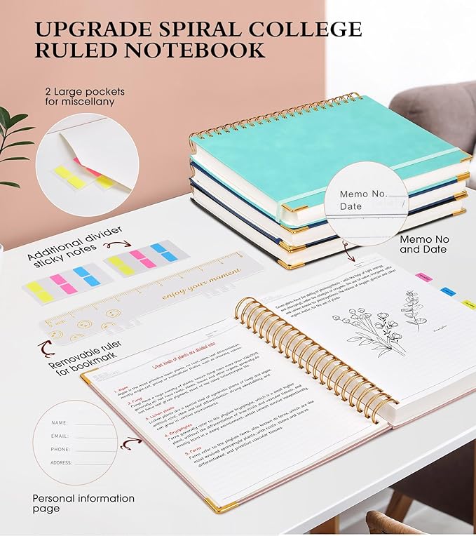 Spiral Notebook Journal 7.6” x 10”, 300 Pages Hardcover Leather Lined Journals for Women Men, B5 Large College Ruled Notebooks with 100 GSM Thick Paper, Spiral Journal for Writing Work School, Pink-DeskLoop Office