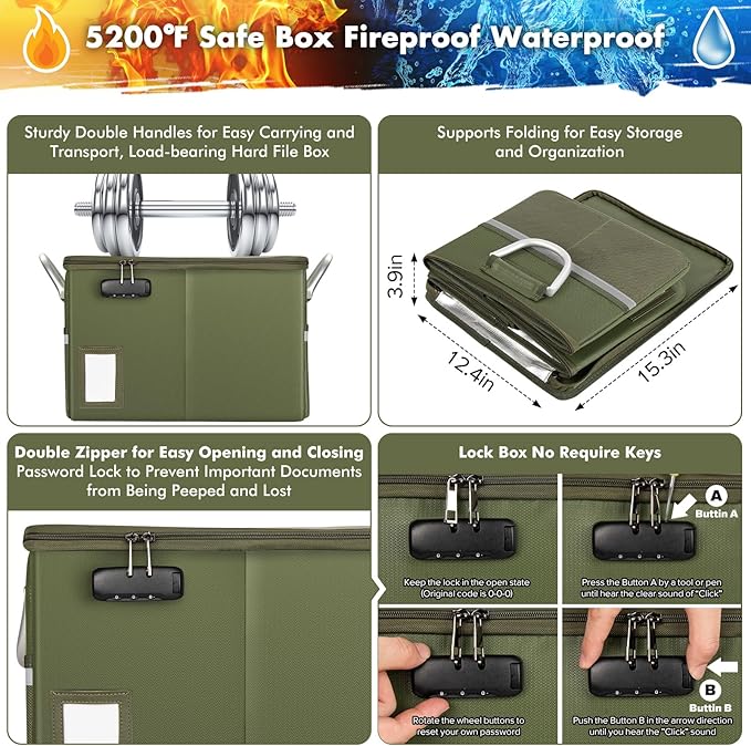TOMKID 5200°F Fireproof Document Box, Fire Important Document Organizer with Lock, Upgraded Heat Insulated Filing Storage Cabinet Office Organization (5200°F Fireproof Box, Green)-DeskLoop Office