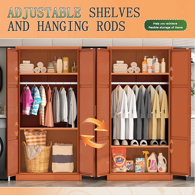 Greenvelly Metal Wardrobe Cabinet with Wooden Handle, 72" Metal Wardrobe Closet with Hanging Rods and Adjustable Shelves, Clothing Storage Closet Cabinet for Home, Office, Employee, Gym (Brown)-DeskLoop Office