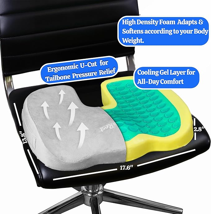 LuminaRest® Gel Enhanced Seat Cushion for Long Sitting – CertiPUR-US® Certified Memory Foam – Premium Gel Tailbone Pain Relief Cushion, Adaptable for Office, Car, Airplane & Wheelchair – (Gray)-DeskLoop Office