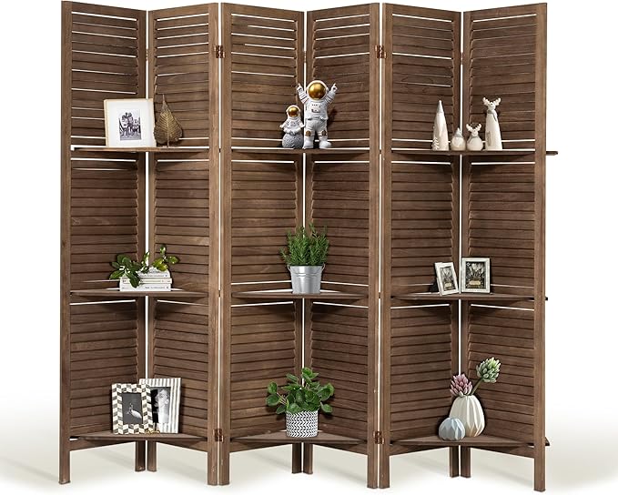 Room Divider with Shelves, 5.6FT Folding Room Divider Panel, 6 Panel Wood Partition Wall Divider for Room Separation, Dark Brown-DeskLoop Office