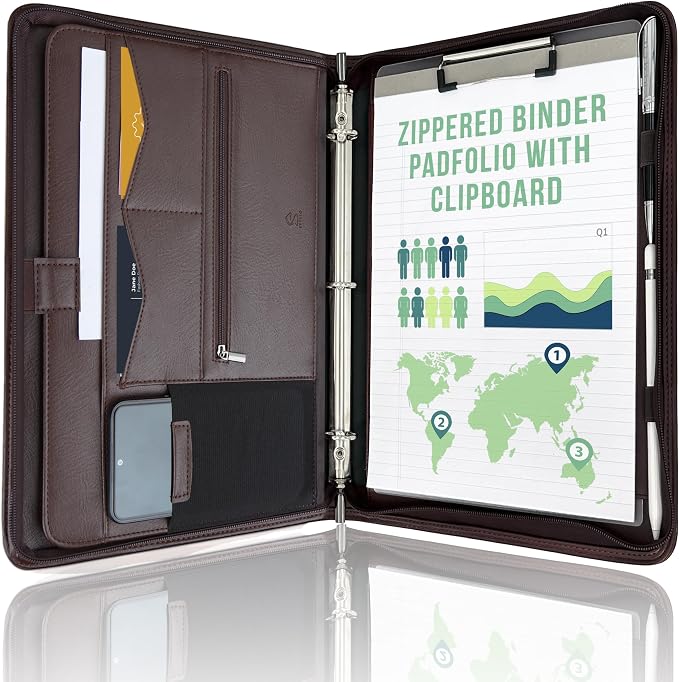 STYLIO Zipper Portfolio | Padfolio 3 Ring Binder and Clipboard Folio | by Stylio