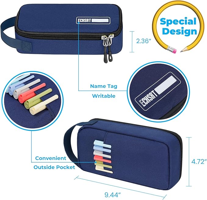 ECHSRT Big Pencil Case, Aesthetic Portable Zipper Pencil Bag with Hidden Pocket, Special Pouch for Men Women Adults, Stationery Organizer Pen Cases for Office Travel, Blue-DeskLoop Office