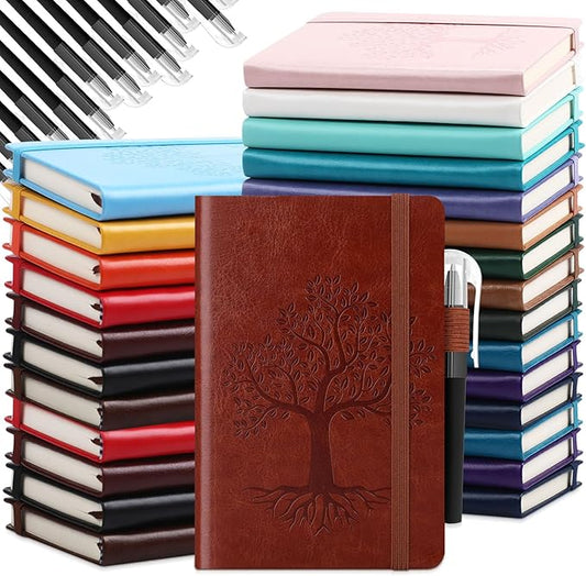 Estune Tree Small Notebooks Pen Leather Lined Pocket Subject Notebooks Hardcover Pocket Notepad Cute Ruled Leather Journals with Pen Holder for Men Women School Business, A6(Stylish Color,30 Set)-DeskLoop Office