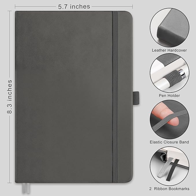 RETTACY Blank Journal Notebook, 192 Pages, A5 Medium Size (5.7'' x 8.3''), Leather Hardcover, 100 GSM Thick Paper, for Sketching, Drawing, Painting (Gray)-DeskLoop Office