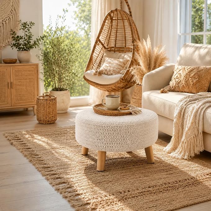 Wimarsbon Pouf Ottoman, 100% Cotton Knitted Boho Footstool, Round Footrest - Image 8