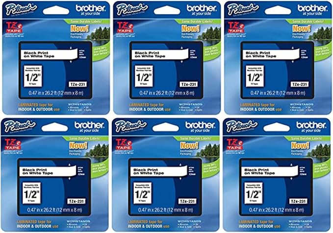 Brother Genuine P-Touch, TZe-231 6 Pack Tape ½” x 26.2 ft. 6-Pack Laminated by Brother