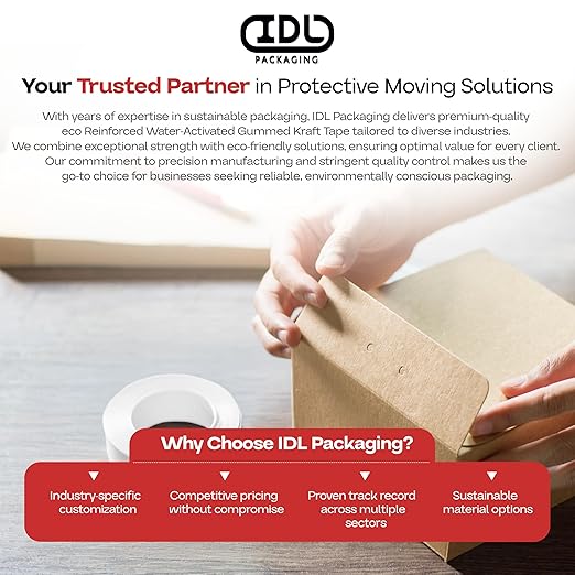 IDL Packaging 2.83" x 450 feet Reinforced Water-Activated Kraft Gummed Tape 30lb Thickness (Pack of 8) - Secure Paper Packing Tape for Secure Carton Sealing - Heavy-Duty for All Conditions, White