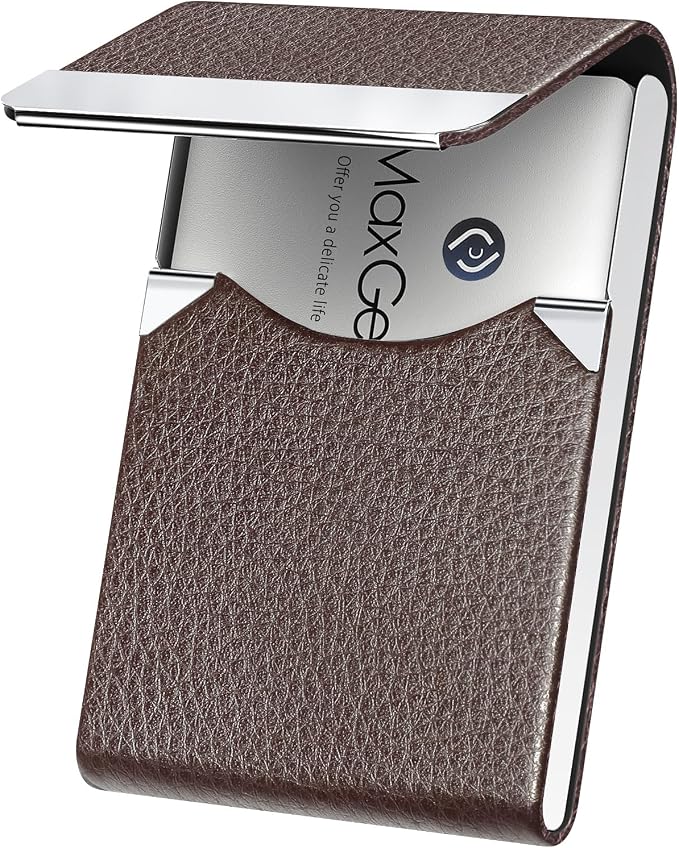 MaxGear Business Card Holder, PU Leather Business Card Case, Coffee | Stainless by MaxGear