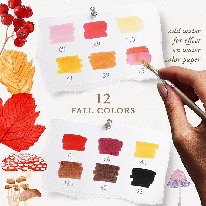 Primrosia 12 Dual Tip Watercolor Marker Pens - Fine Tip & Brush Tips, Professional Quality, 4 x Sticker Sheets, Blendable, Non-Toxic, Perfect for Calligraphy, Drawing & Coloring. (Woodlands)-DeskLoop Office